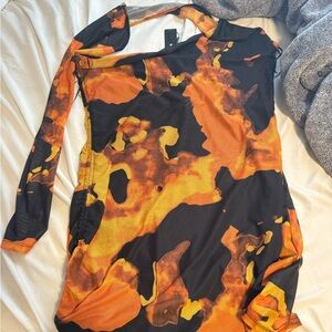 One shoulder Abstract Orange and Black Dress